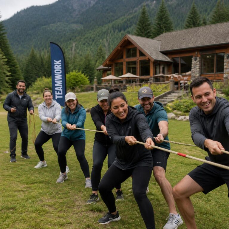 Equipo participando en una dinámica de team building
